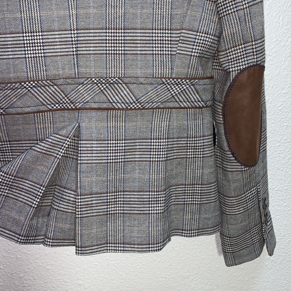 ZARA Basics Wool blend Plaid Blazer brown patchwork elbows 2 button satin lined - Picture 15 of 17